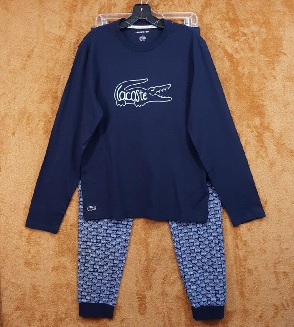 LACOSTE Pajama Set Mens Small Blue Pullover Jogger Signature Monogram Logo Pjs
